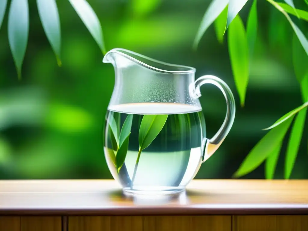 Un vaso de agua alcalina cristalina, en un entorno sereno y natural