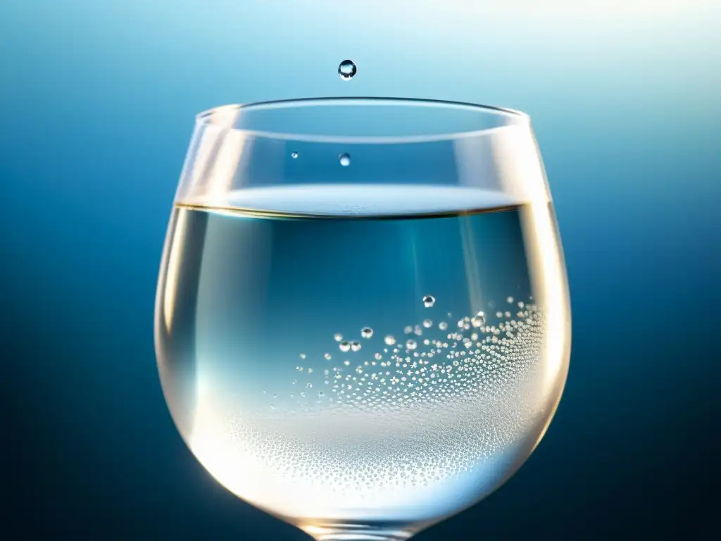 Un vaso de agua claro y cristalino con burbujas de ozono, reflejando pureza y serenidad