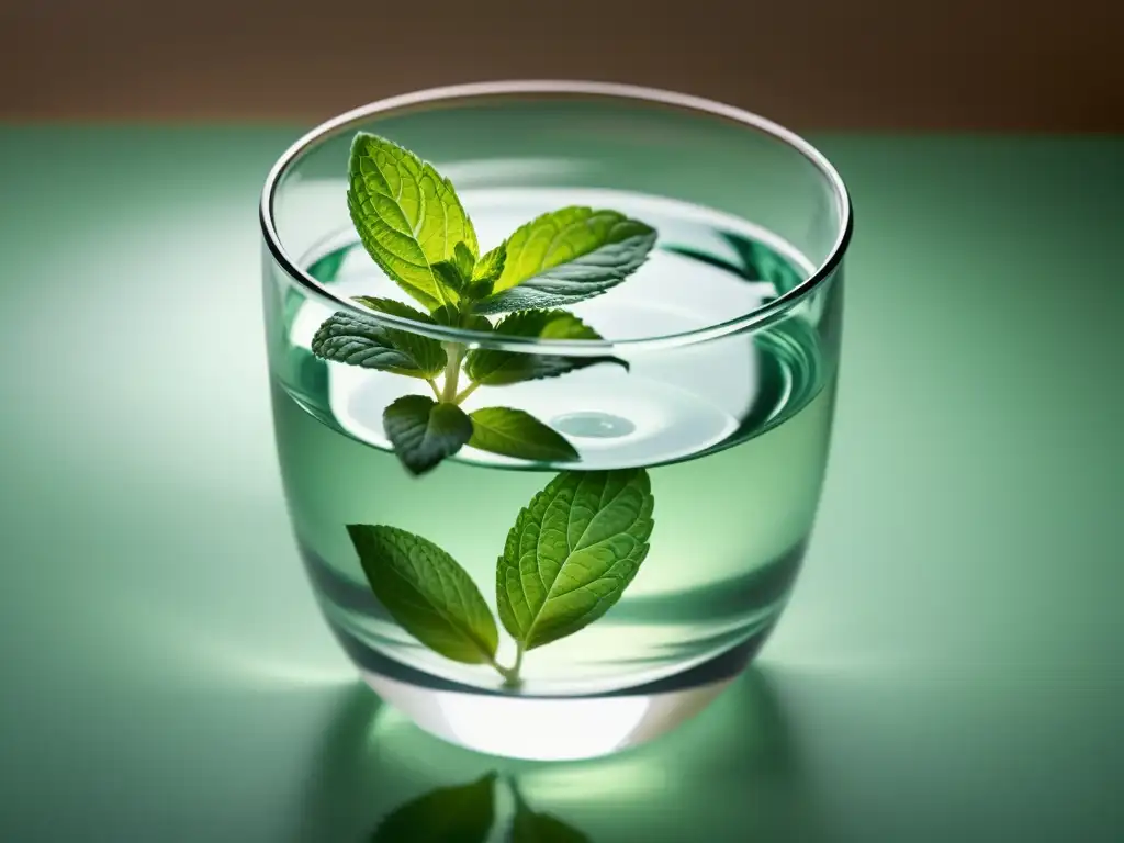 Un vaso de agua claro con hojas de menta, iluminado suavemente