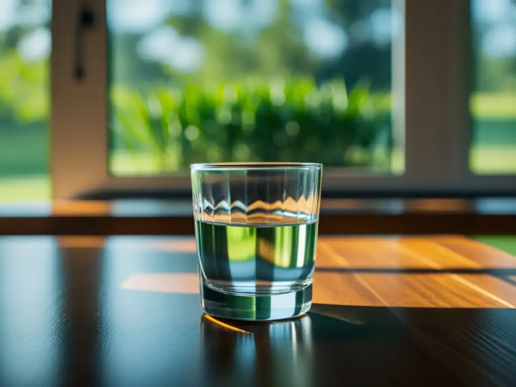 Un vaso de agua claro sobre una mesa de madera, iluminado por luz natural