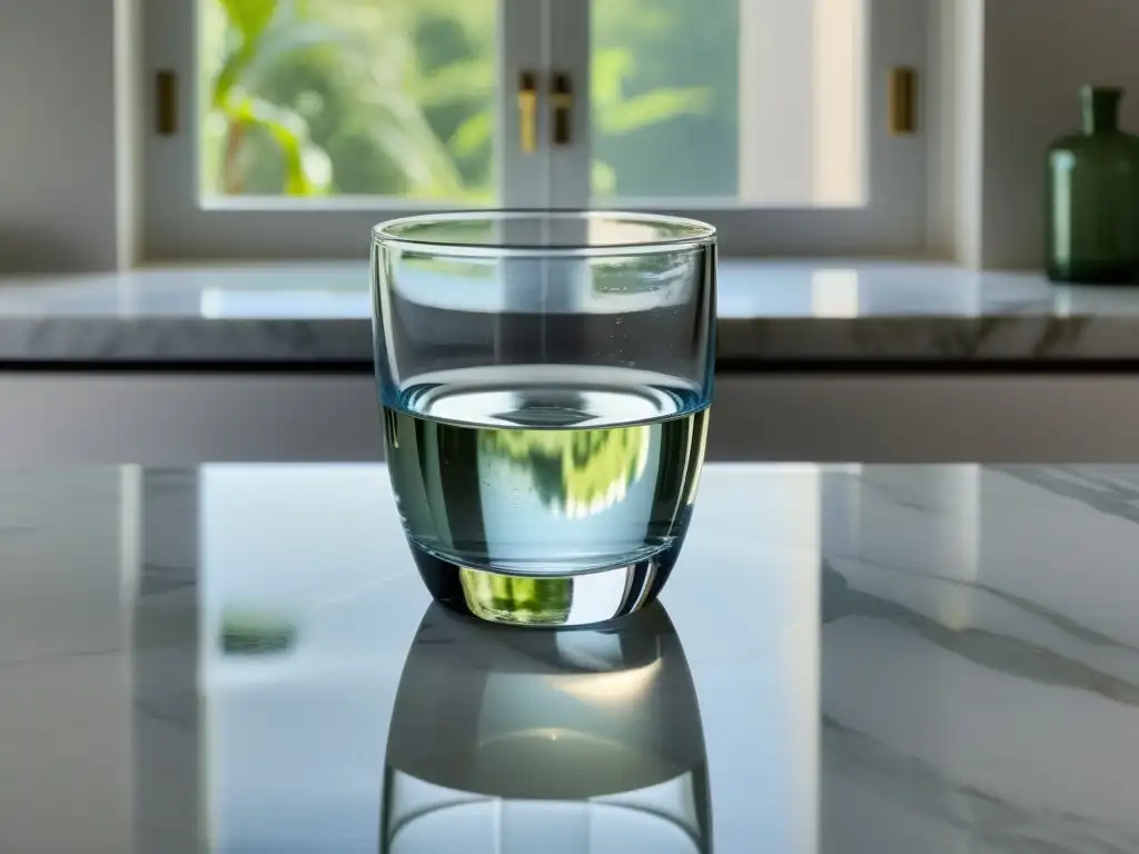 Un vaso de agua claro y sereno sobre un mostrador de mármol, con luz natural suave que resalta su pureza