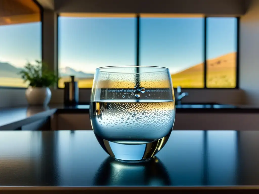 Un vaso de agua cristalina con burbujas de ozono ascendente, iluminado por luz natural