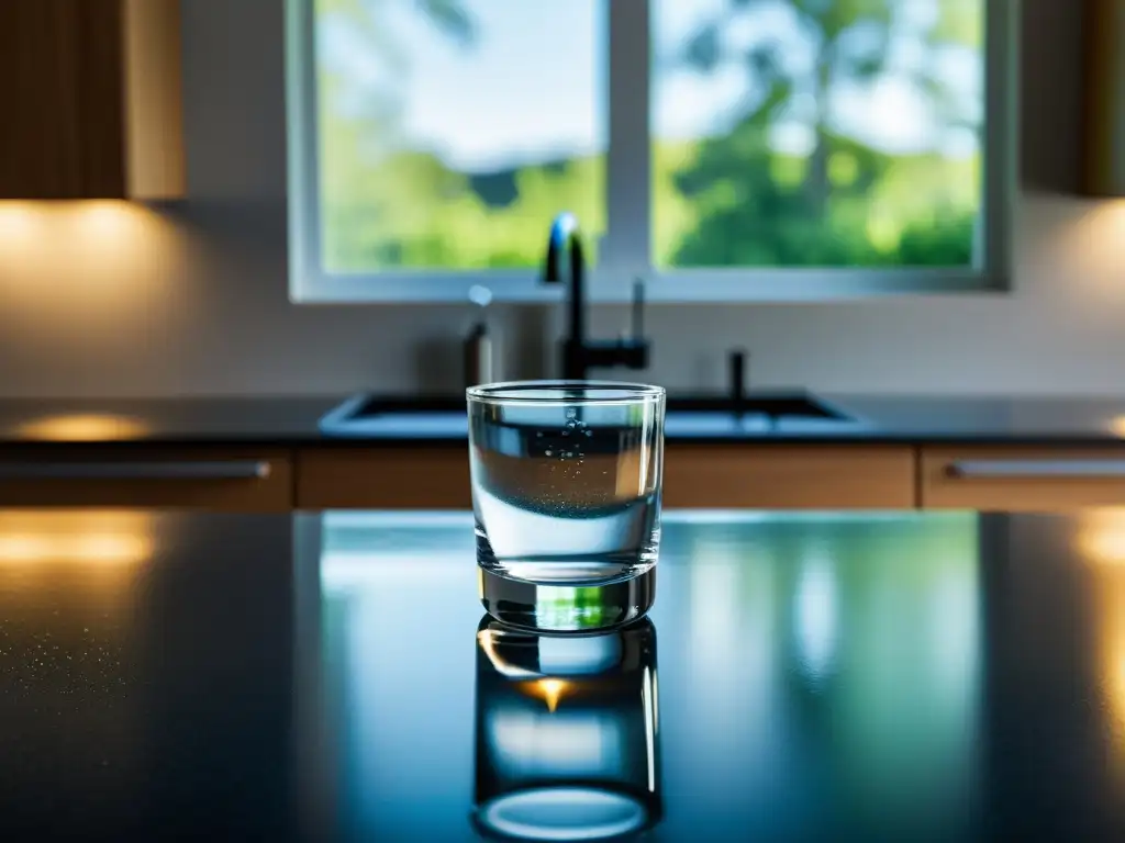 Un vaso de agua cristalina en una encimera moderna, rodeado de gotas brillantes