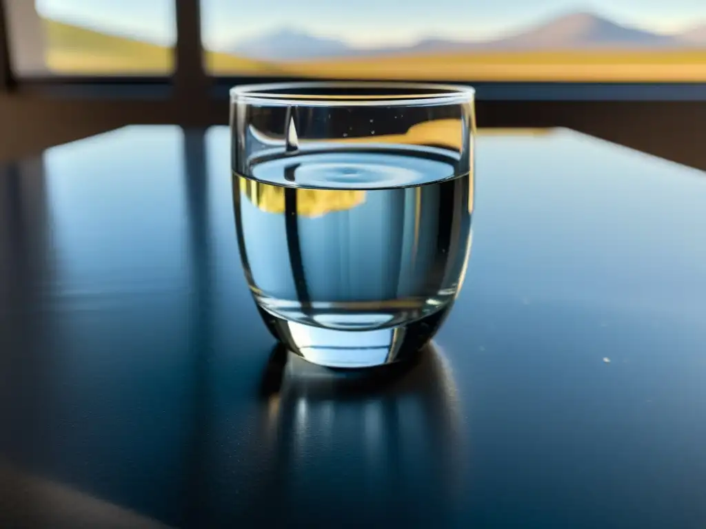 Un vaso de agua cristalina reposa sobre una mesa moderna, iluminado por el sol