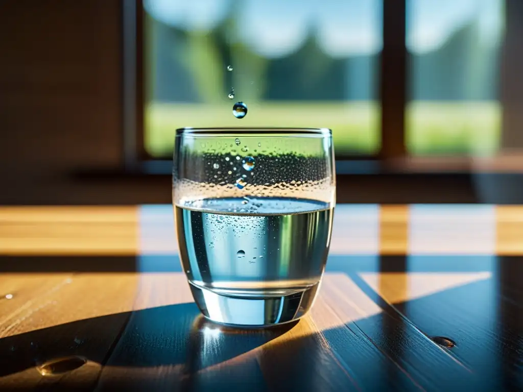 Vaso de agua en mesa de madera, iluminado por la ventana