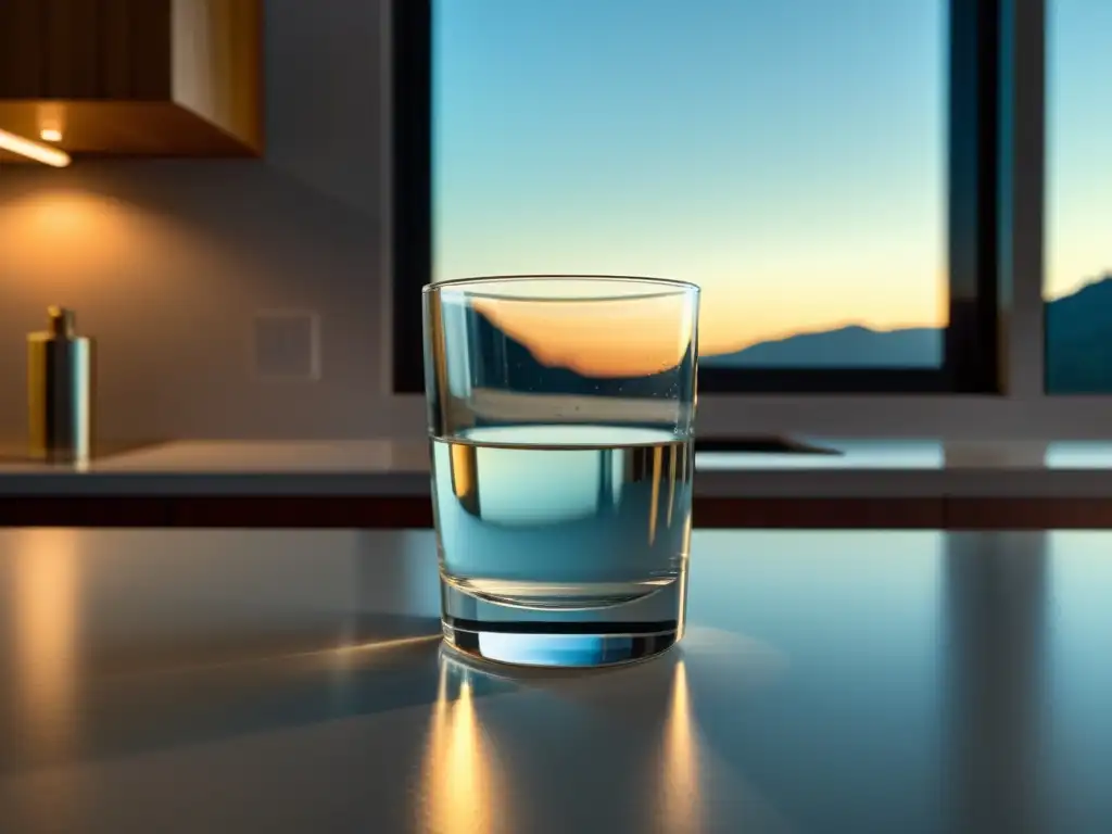 Un vaso de agua transparente en una encimera moderna, reflejando la luz natural