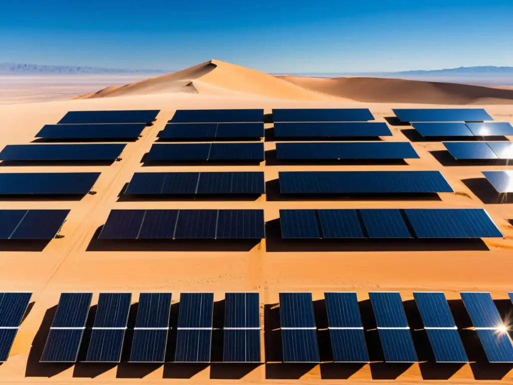 Granja solar: innovación sostenible en el desierto Una vasta extensión de paneles solares negros se extiende por el horizonte del desierto, creando un patrón geométrico impactante