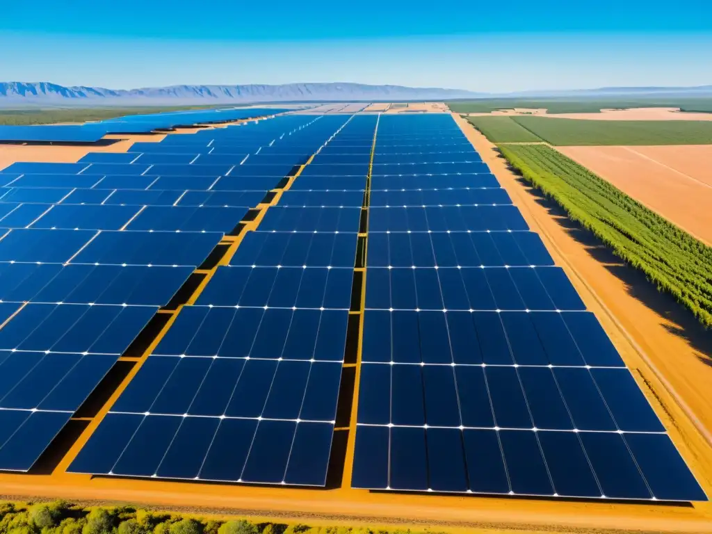 Vasta granja solar bajo cielo azul, paneles relucientes en armonía con la naturaleza