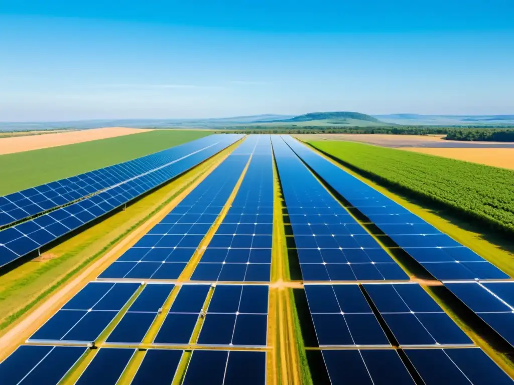 Un vasto campo solar bajo un cielo azul, con vida silvestre conviviendo