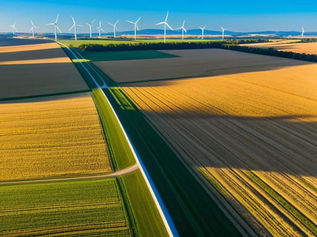 Un vasto campo de trigo dorado bajo un cielo azul, con molinos de viento blancos en la distancia