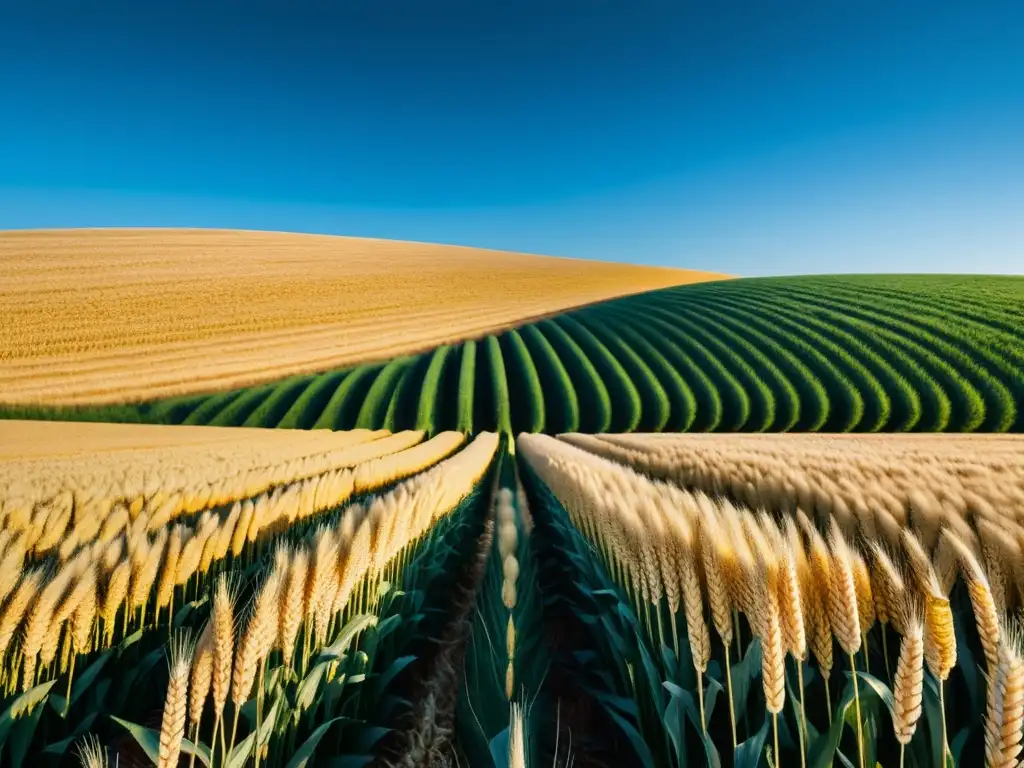 Un vasto campo de trigo dorado se extiende hasta el horizonte bajo un cielo azul