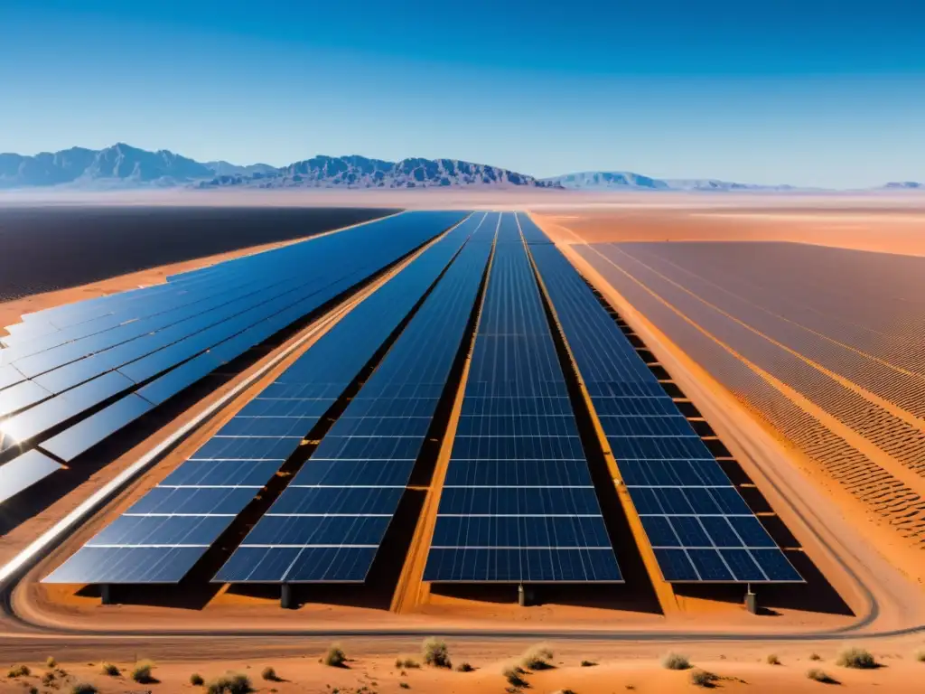 Energía solar en el desierto: impacto visual impresionante Vasto desierto con impactos terrestres grandes instalaciones solares, simetría y contraste solar