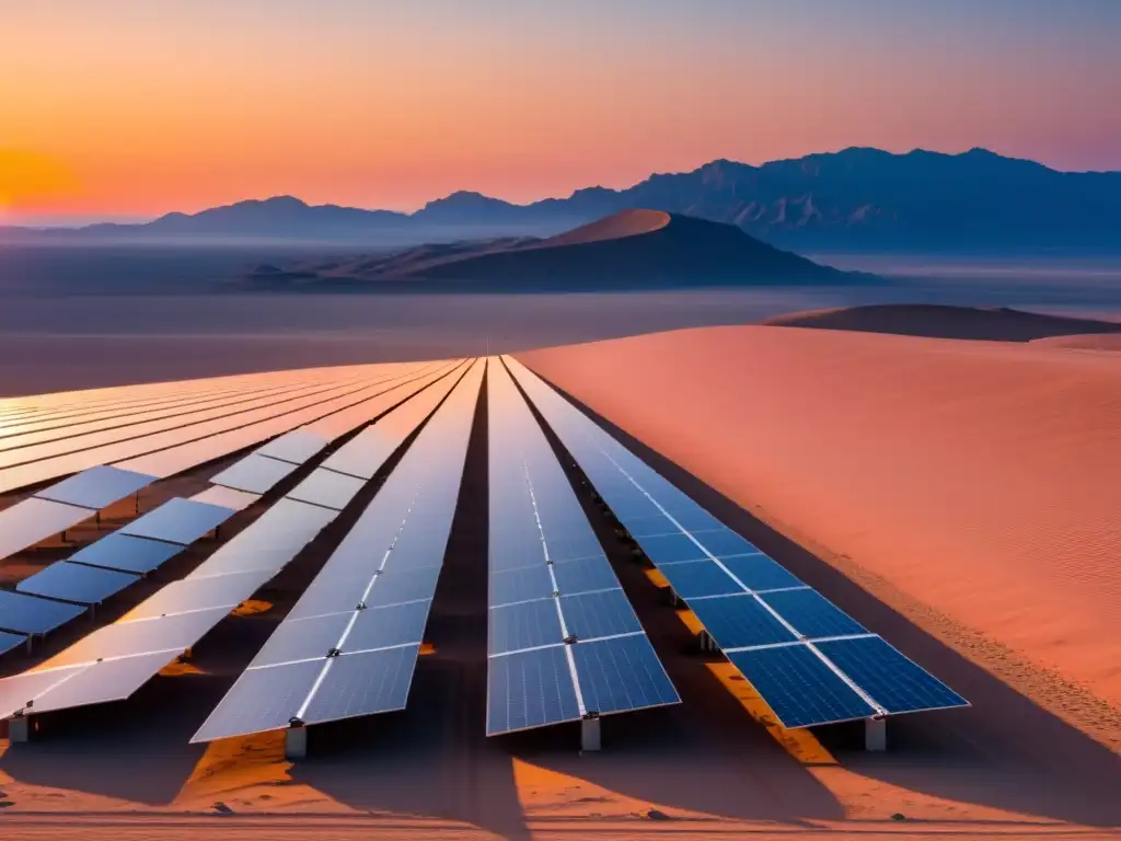 Un vasto desierto con paneles solares perfectamente alineados, bajo un atardecer