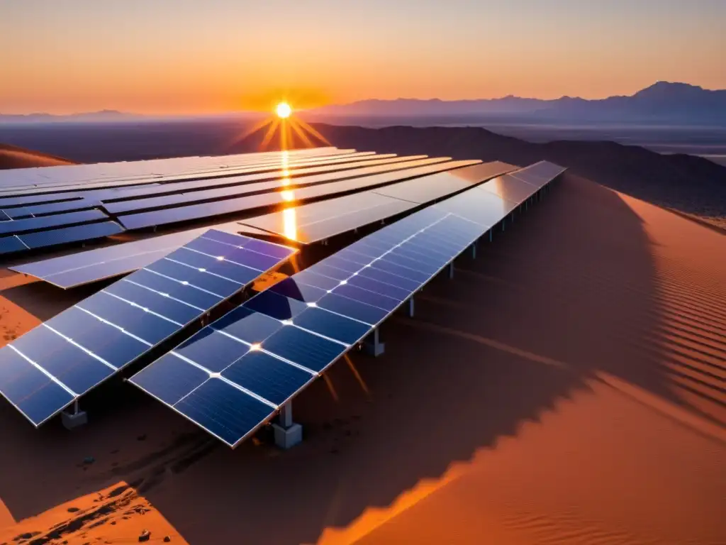 Un vasto y elegante conjunto de paneles solares se extiende por un paisaje desértico, con el sol poniéndose en el fondo, creando un cálido resplandor dorado sobre la escena