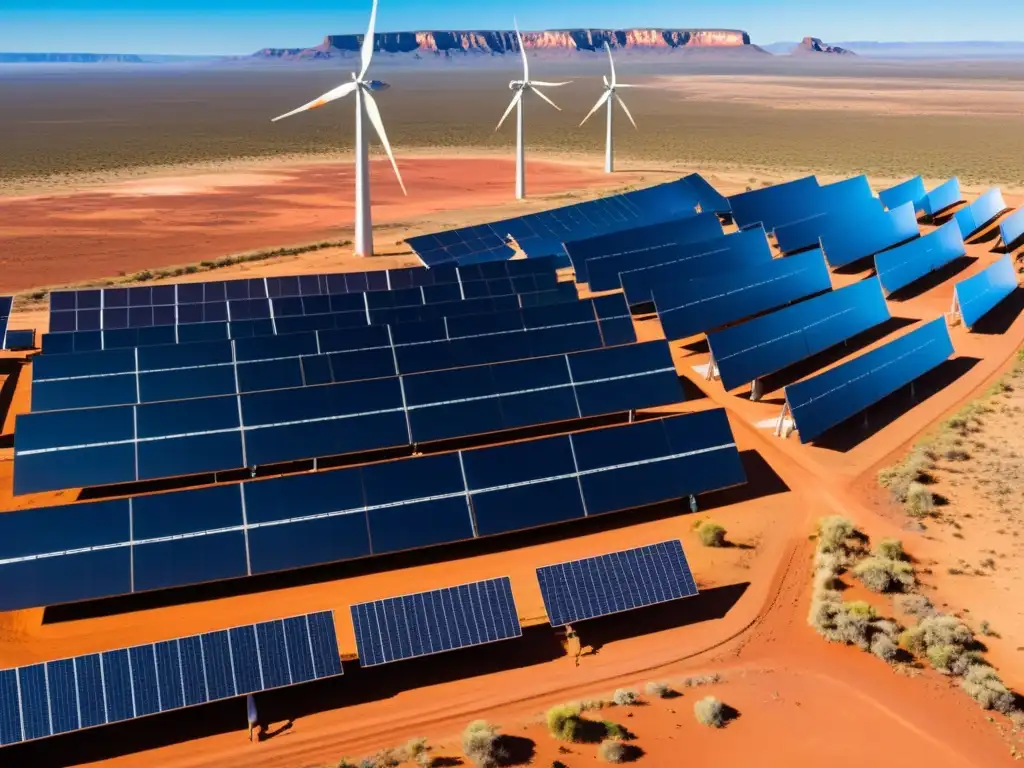 Vasto paisaje del Outback australiano con energía renovable integrada, simbolizando las políticas de energía limpia en Oceanía