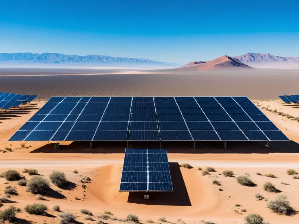 Instalación solar en el desierto: belleza minimalista Un vasto paisaje desértico con una gran instalación solar, evocando la armonía entre naturaleza e impactos terrestres grandes instalaciones solares