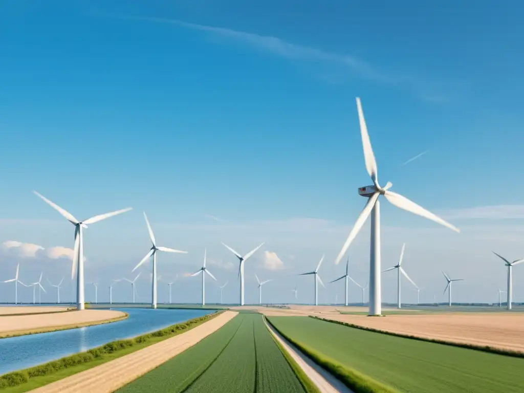 Vasto paisaje holandés con modernos molinos de viento, simbolizando la transición energética en Holanda