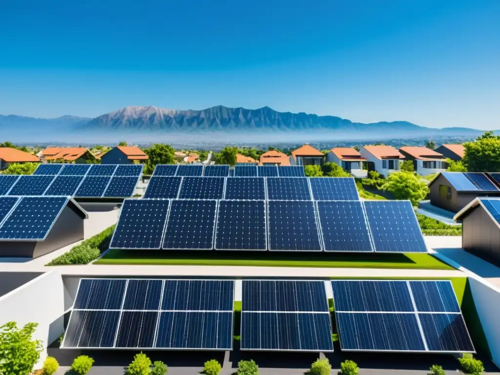 Un vecindario moderno con paneles solares integrados en los techos, jardines verdes y cielo azul