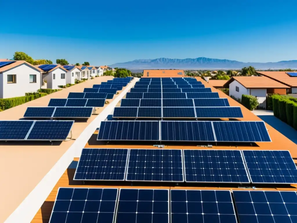 Vecindario residencial con paneles solares integrados en techos, reflejando ecoamigabilidad y modernidad