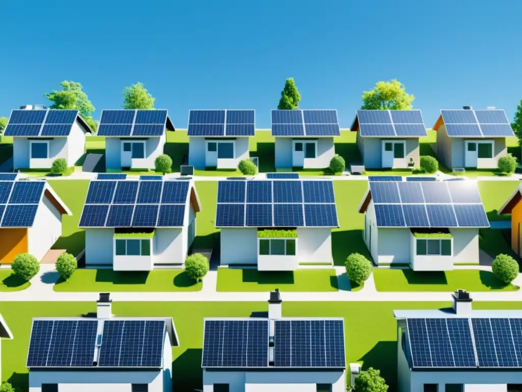 Vecindario soleado con casas y paneles solares, simbolizando el financiamiento colectivo de energía solar entre vecinos