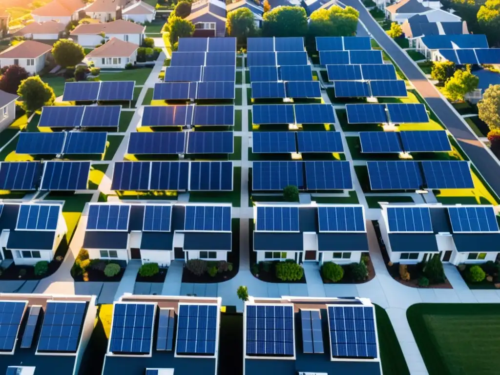 Un vecindario suburbano moderno con paneles solares en los techos, conectados a la red eléctrica