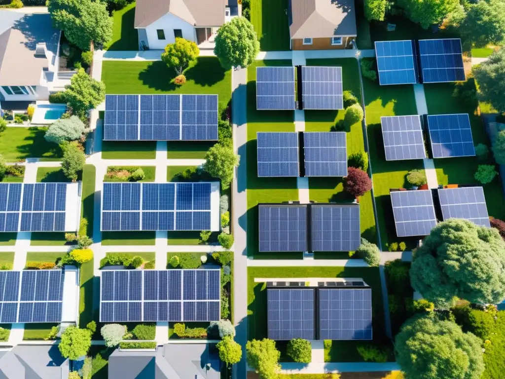 Vecindario suburbano con paneles solares en cada techo, bajo cielo azul