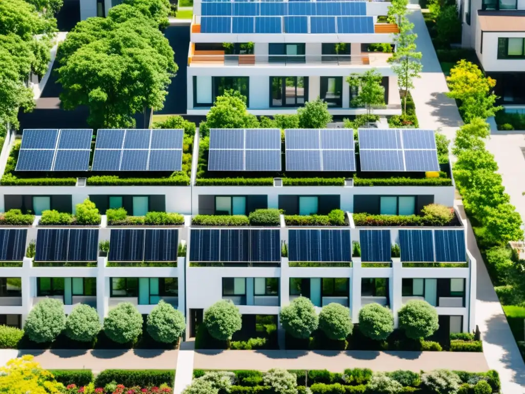 Un vecindario urbano bullicioso con modernas casas y edificios de apartamentos, con paneles solares brillantes en los techos bajo el sol del mediodía