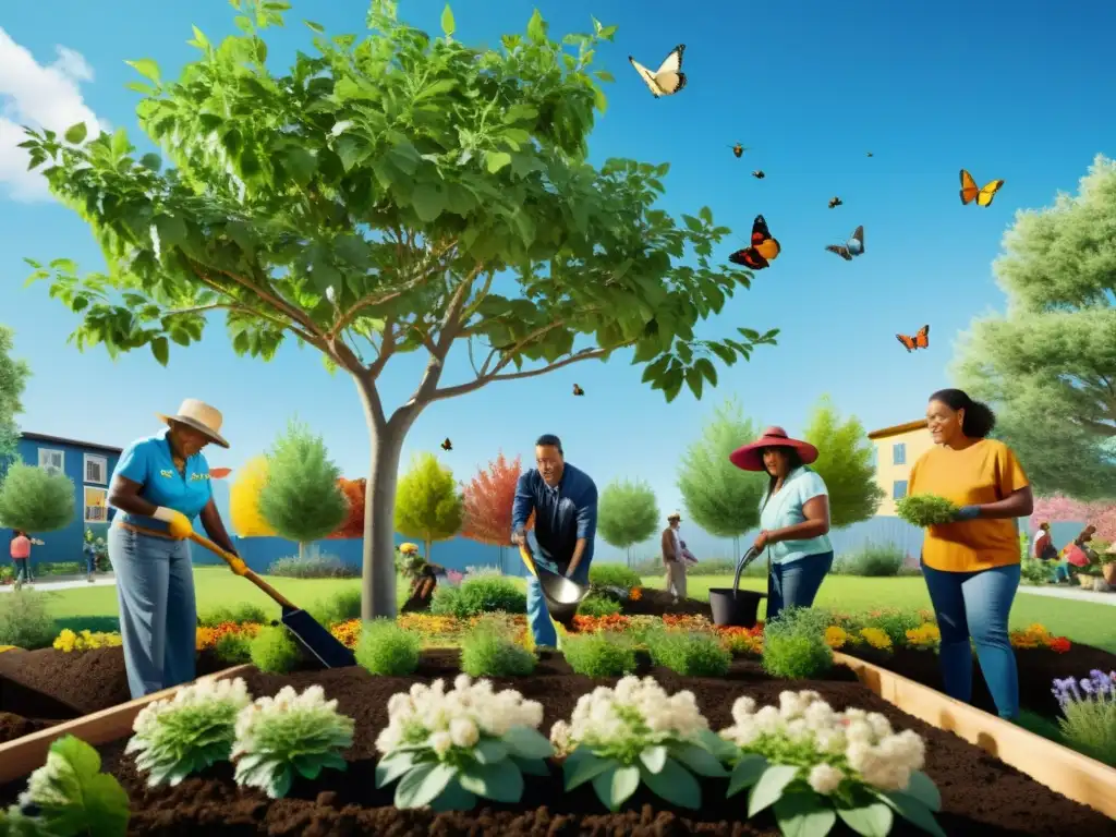 Vecinos diversificados plantando árboles y flores nativas en un jardín comunitario, con mariposas y abejas, bajo un cielo azul