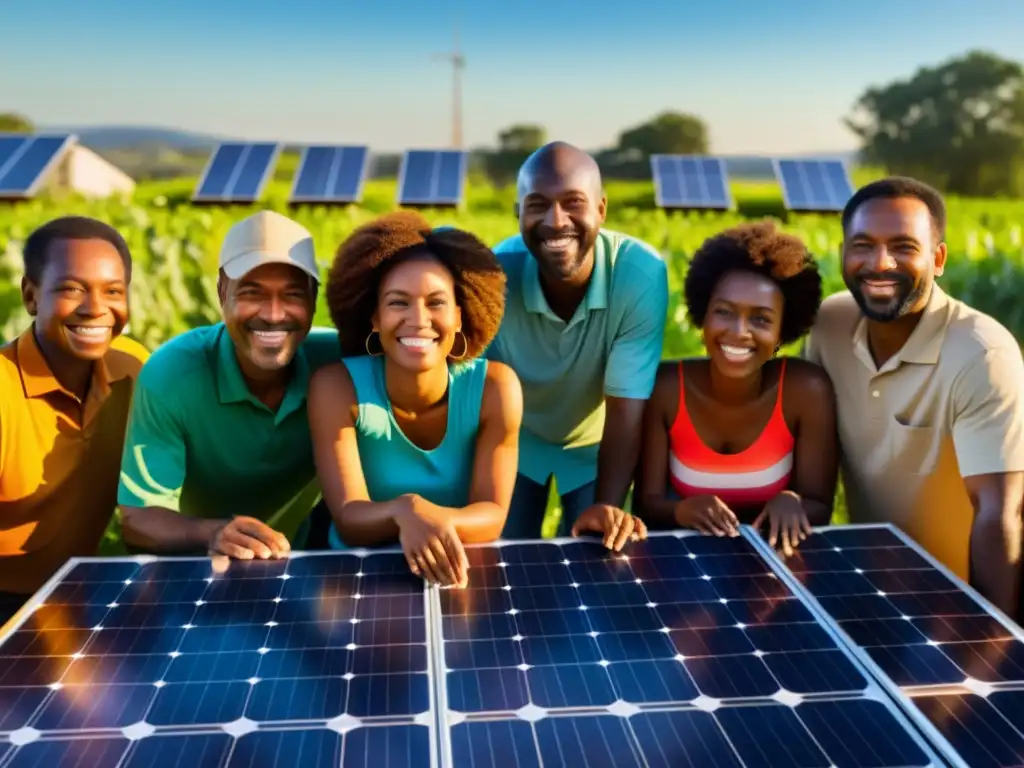 Vecinos felices participan en financiamiento colectivo energía solar, irradiando satisfacción y unidad