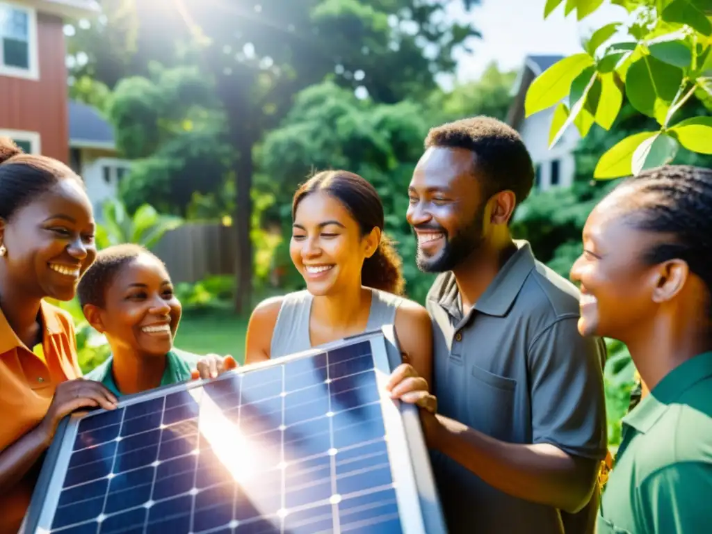 Vecinos sonrientes crean microgrids comunitarias para un hogar sostenible, rodeados de naturaleza y energía solar