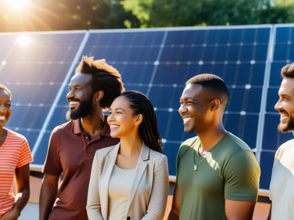 Vecinos sonrientes disfrutan del sol junto a paneles solares, promoviendo la unión y beneficios de las comunidades solares sin paneles