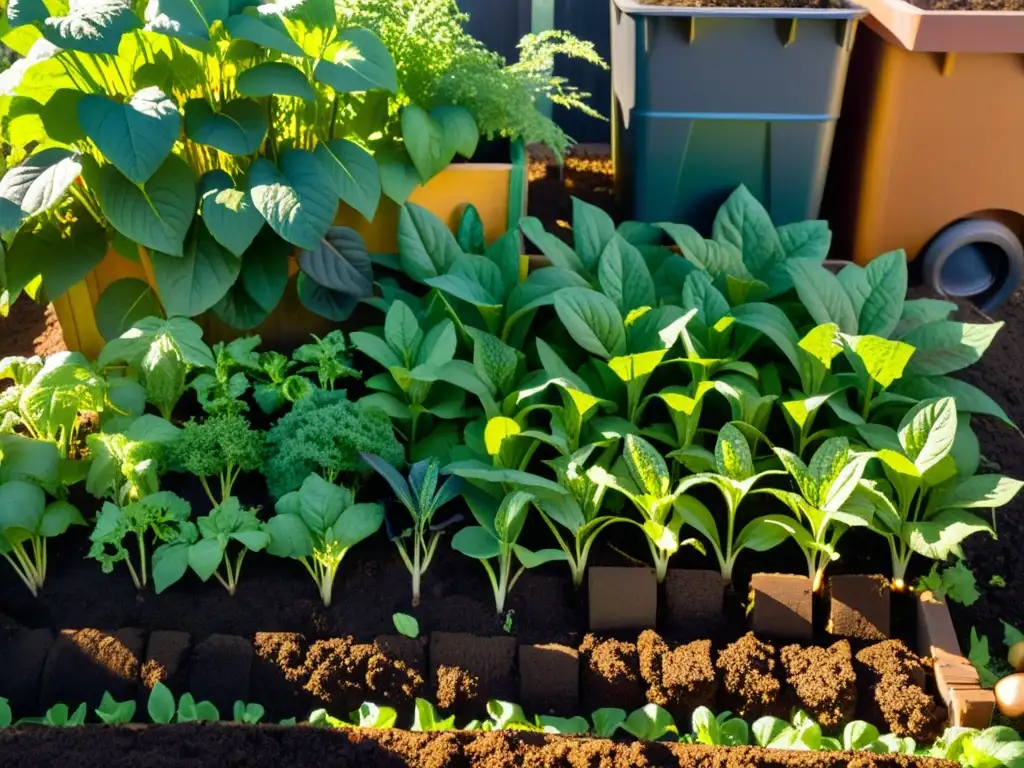 Un jardín de vegetales exuberante, con plantas vibrantes y saludables, compostaje de residuos de cocina integrado para fertilizar la tierra