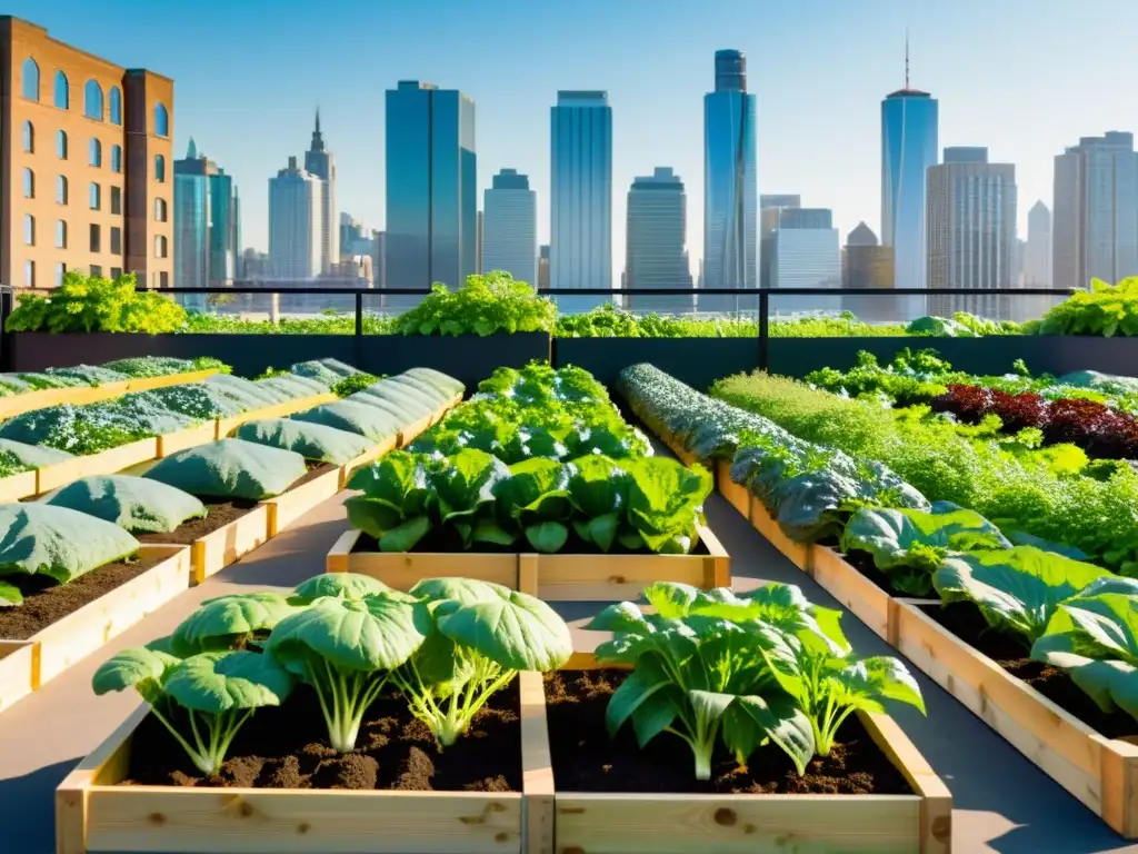 Vegetales saludables y exuberantes en huertos urbanos sostenibles, con la ciudad al fondo