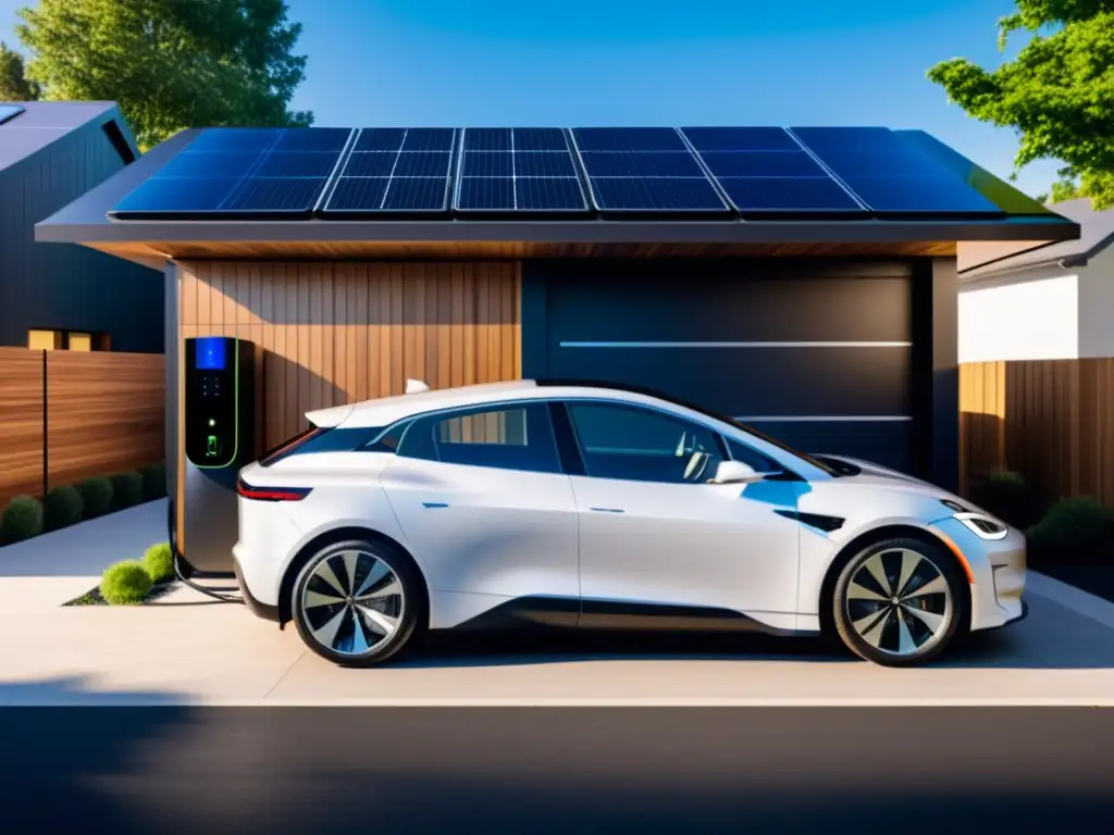 Vehículo eléctrico como fuente energética: Coche eléctrico conectado a casa moderna con paneles solares y sistemas de almacenamiento de energía