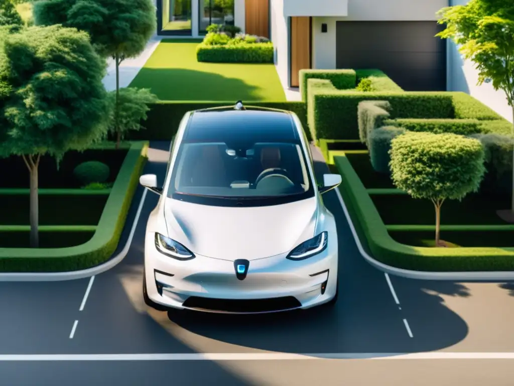 Vehículo eléctrico como fuente energética: Coche eléctrico moderno en casa rodeada de vegetación, con cable conectado a la vivienda