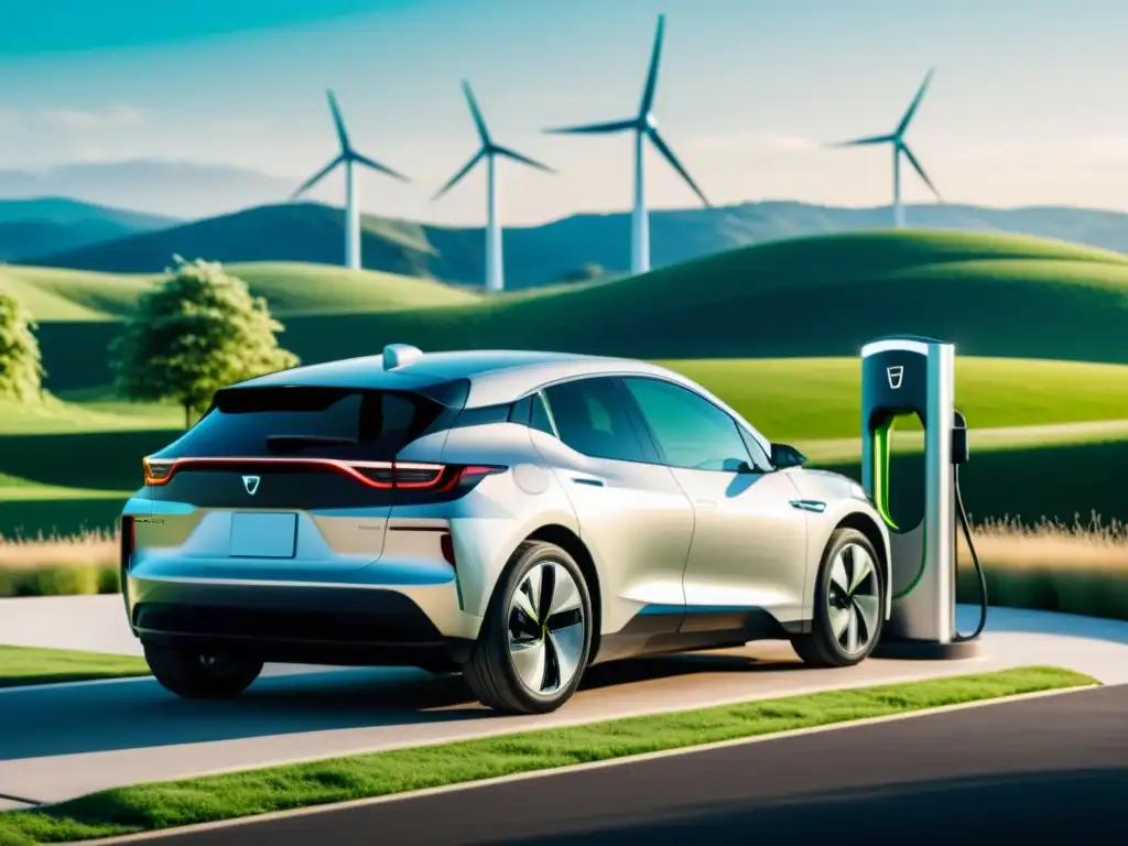 Vehículo eléctrico recargando en estación futurista, armonía entre tecnología sostenible y paisaje verde con turbinas eólicas al fondo