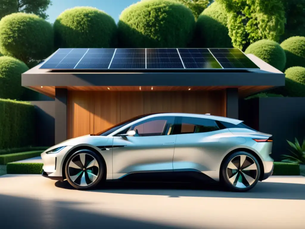 Vehículo eléctrico para hogar sostenible estacionado en moderno entorno ecológico con paneles solares y exuberante vegetación