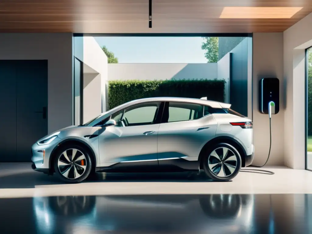 Vehículo eléctrico integrado en hogar sostenible, estacionado en garaje limpio y moderno con estación de carga