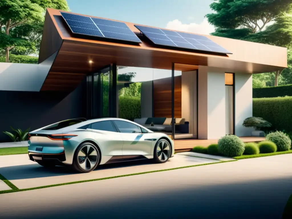 Vehículo eléctrico integrado en hogar sostenible, carga incluida, rodeado de ambiente ecológico moderno