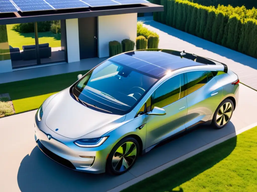 Vehículo eléctrico moderno en camino con paneles solares, reflejando autosuficiencia con vehículos eléctricos y paneles solares