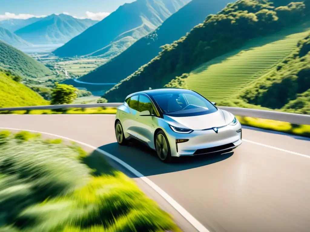 Viaje en auto eléctrico por carretera escénica Un vehículo eléctrico moderno recorriendo una carretera escénica entre montañas y vegetación exuberante