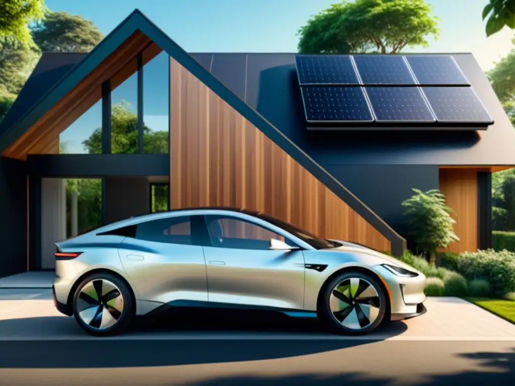 Vehículo eléctrico moderno en casa sostenible Vehículo eléctrico moderno en casa sostenible, integración ecofriendly
