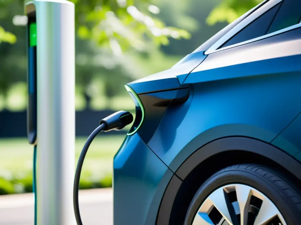 Un vehículo eléctrico moderno se carga en una estación, rodeado de naturaleza