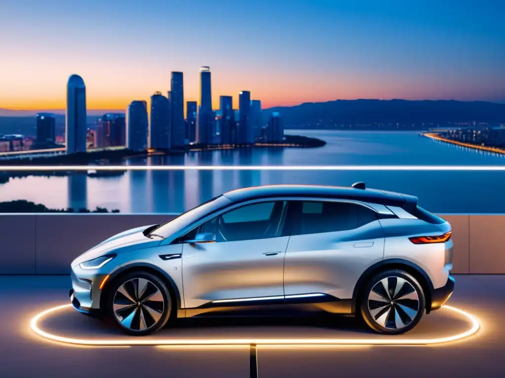 Vehículo eléctrico de alta tecnología cargando en la ciudad del futuro Un vehículo eléctrico moderno se carga en una estación futurista con una ciudad sostenible al fondo