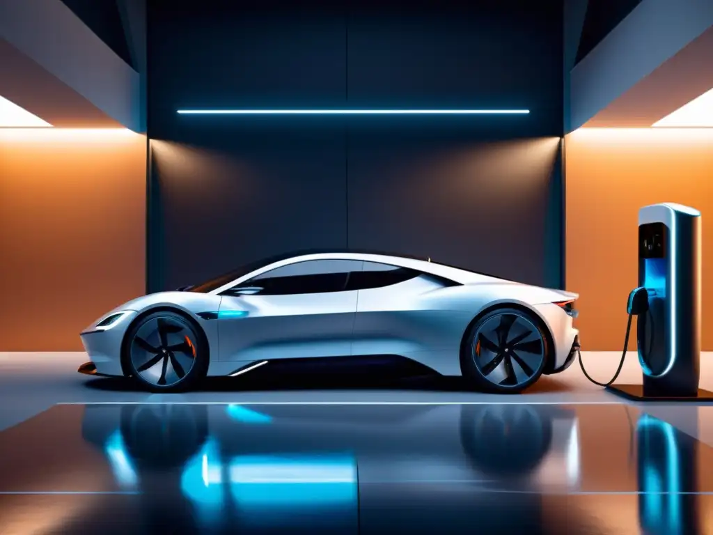 Estacionamiento de lujo para vehículo eléctrico de diseño moderno Vehículo eléctrico moderno en garaje de alta tecnología con estación de carga