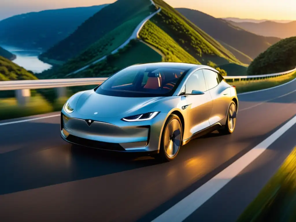 Vehículo eléctrico moderno en paisaje natural al atardecer Un vehículo eléctrico moderno recorriendo un largo y sinuoso camino rodeado de naturaleza, con el sol poniéndose en el fondo