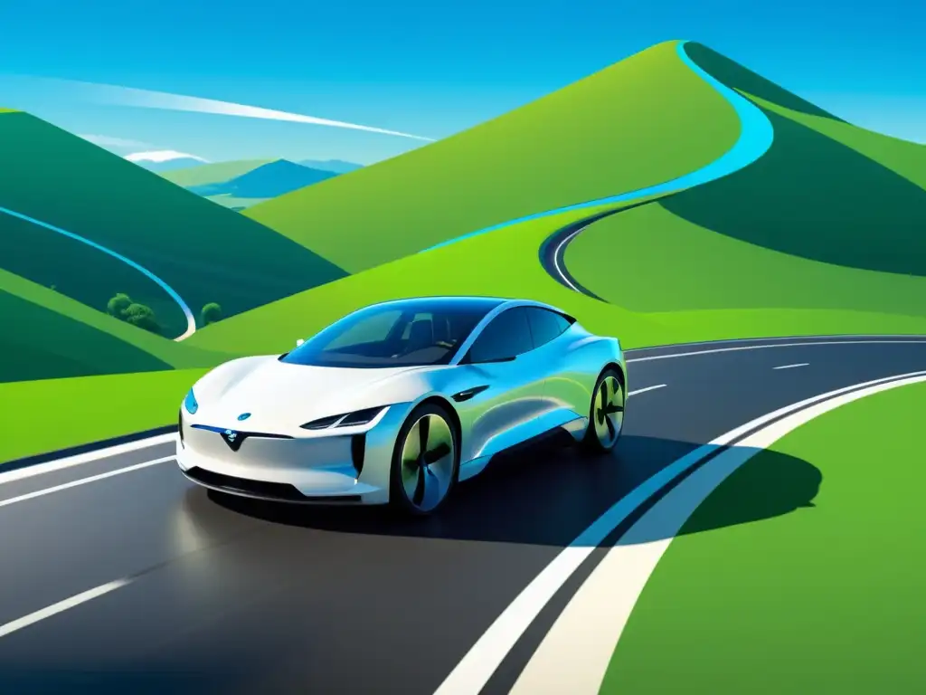 Vehículo eléctrico en paisaje natural Un vehículo eléctrico recorre una sinuosa carretera entre colinas verdes bajo un cielo azul, transmitiendo una sensación de tranquilidad y aventura