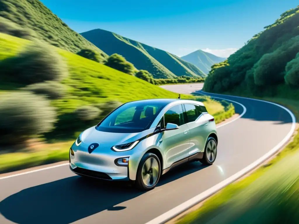 Viaje eléctrico: libertad y naturaleza en carretera Un vehículo eléctrico viaja solo por una carretera escénica, simbolizando la libertad y aventura del viaje largo en un vehículo eléctrico