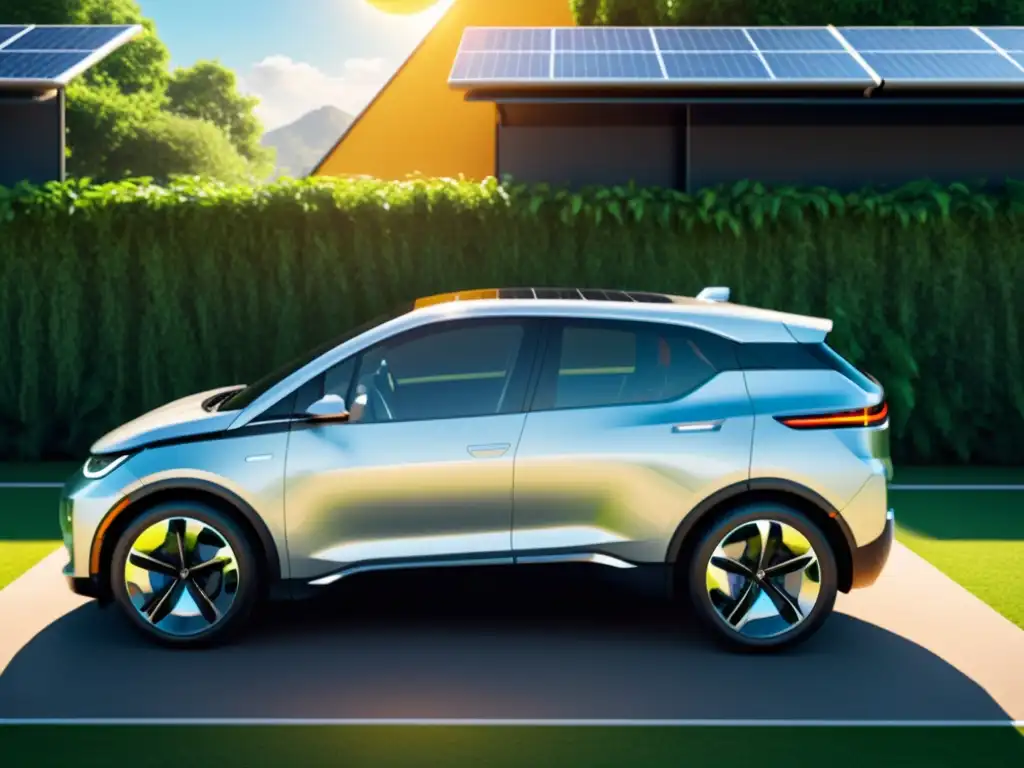 Auto eléctrico cargado en entorno sostenible Un vehículo eléctrico sostenible completamente cargado estacionado en un entorno ecoamigable con paneles solares y exuberante vegetación