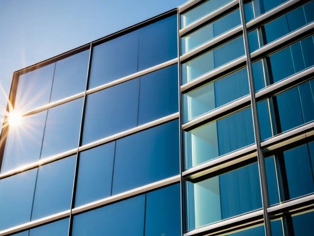 Ventanas fotovoltaicas para edificios sostenibles: Diseño arquitectónico moderno con cristales transparentes captando energía solar